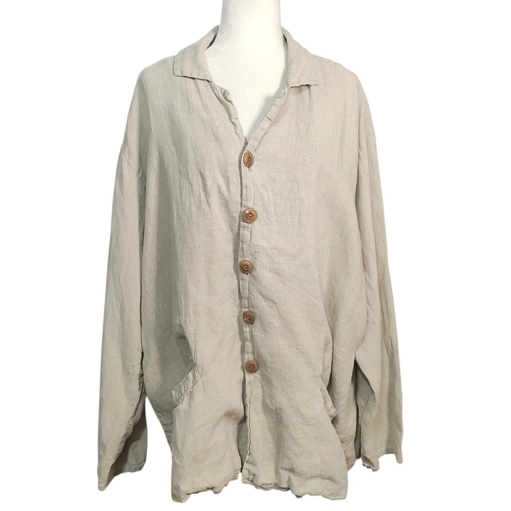 FLAX 100% Linen‎ Button Down Shirt Beige Lagenlook Summer Coastal Plus Size 3X